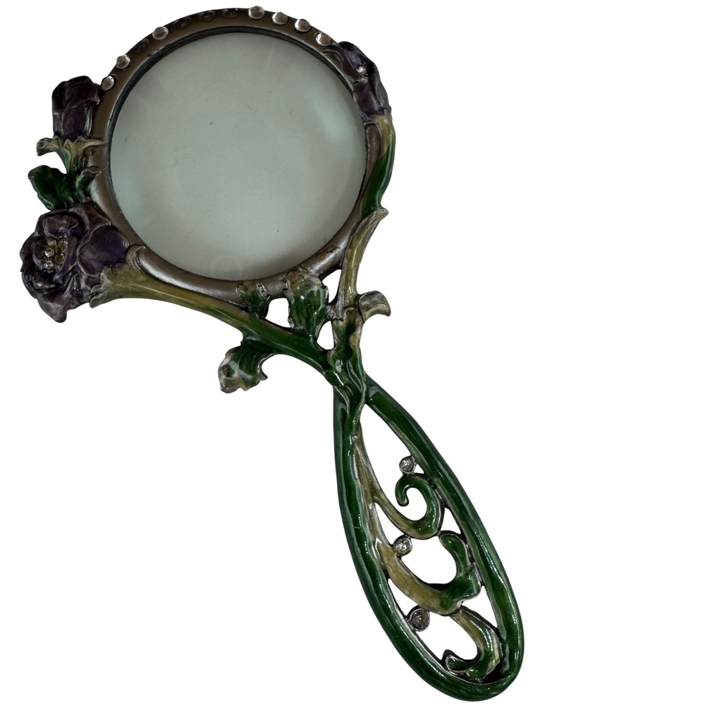 Art Nouveau Style Handheld Magnifying Glass Floral Rhinestone Enamel Rose Decor